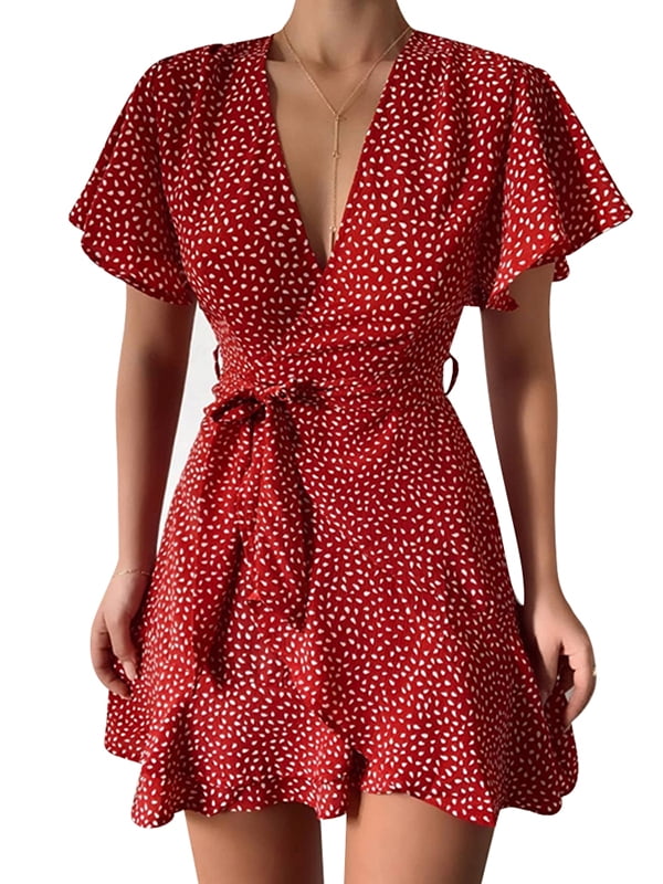 LilyLLL Womens Floral Print Sundress V Neck Short Sleeve Mini Wrap Dress -  Walmart.com